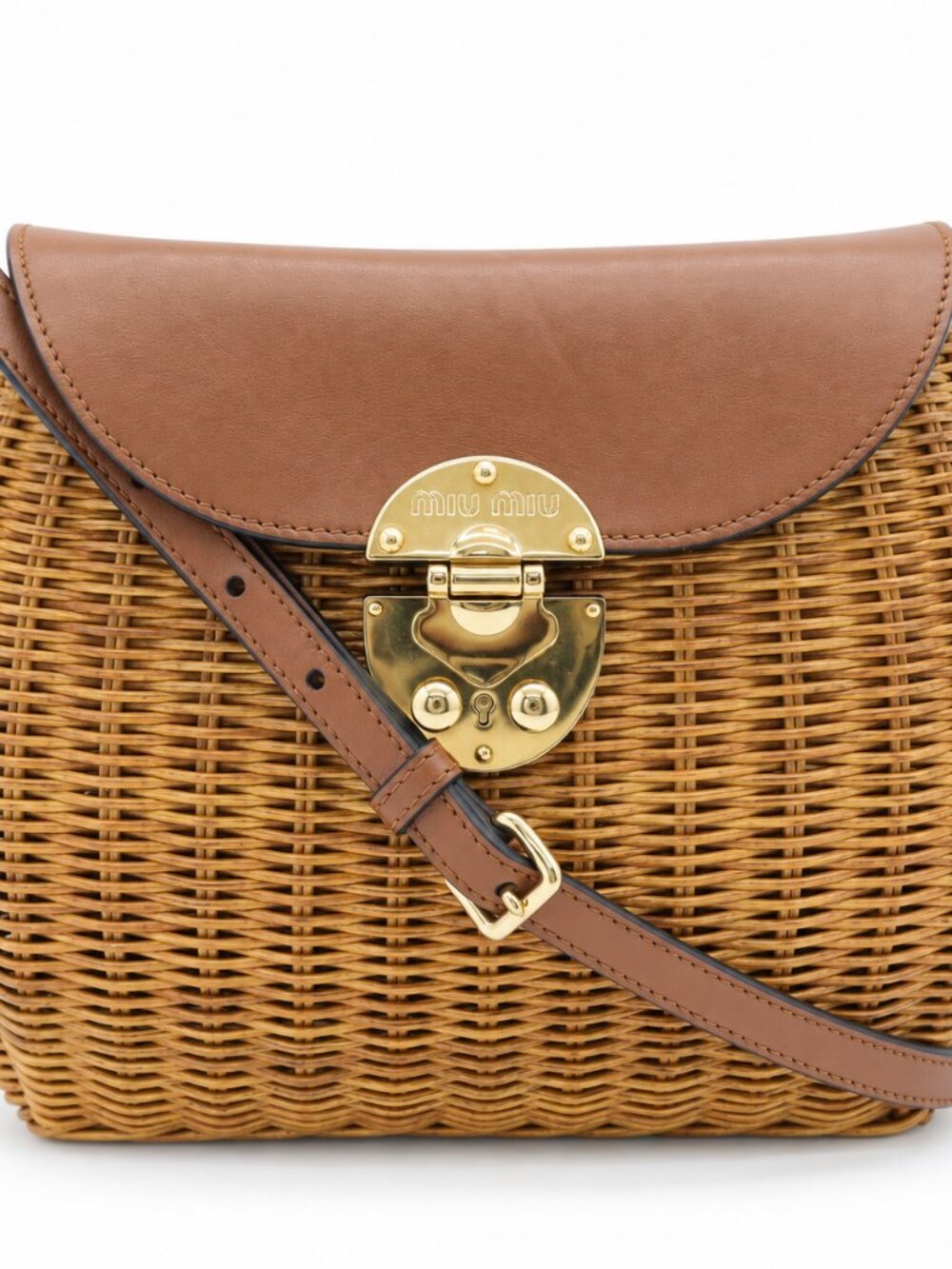 Miu Miu Straw & Leather Crossbody Bag – Natural Tan, Gold Lock (Pre-Owned)